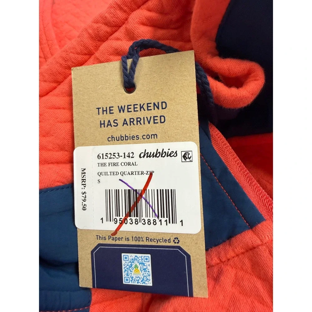 Chubbies Mens The Fire Coral Quilted Quarter-Zip Pullover Orange Navy 615253-142